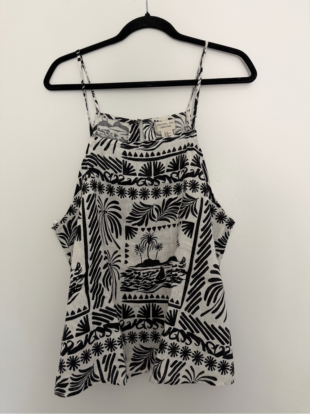 Rachel Zoe 100% Linen Tropical Print Dress Black White XL